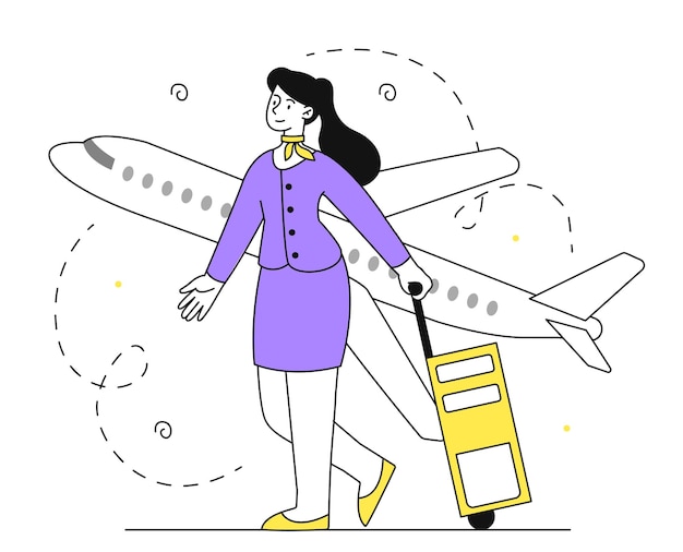 Azafata cerca de avión mujer lineal en uniforme con equipaje cerca de avión viajes internacionales y