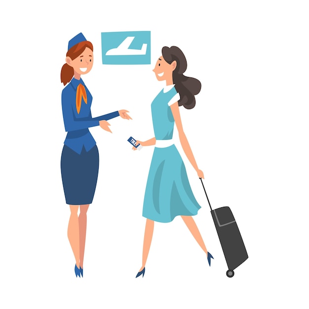 Azafata comprobando los documentos de los boletos en una mujer joven en el aeropuerto Ilustración vectorial en fondo blanco