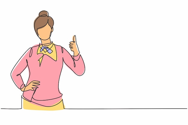 Una azafata de dibujo de línea continua con el pulgar hacia arriba está lista para atender a los pasajeros del avión