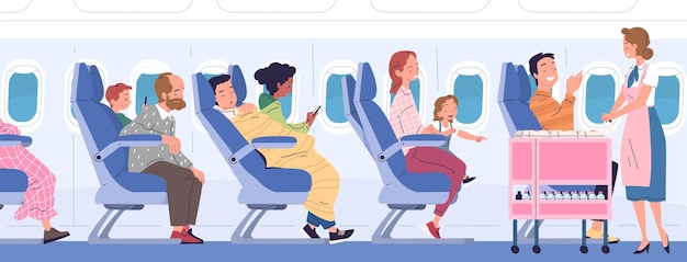 Vector azafata pasajeros pasajeros turistas y niños se relajan sentados en el asiento de la cabina del avión servicio de azafata femenina con bebidas carrito de comida en el pasillo ilustración vectorial elegante