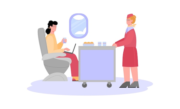 Azafata que ofrece a los pasajeros del avión comida plana ilustración vectorial de dibujos animados