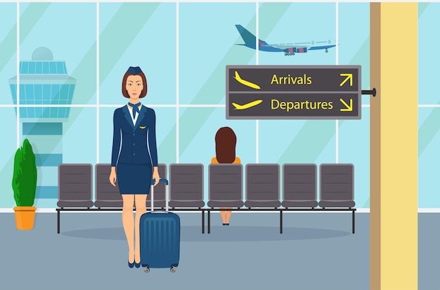 Azafata en uniforme con una maleta de pie en la sala de espera en el asiento del aeropuerto Interior del aeropuerto