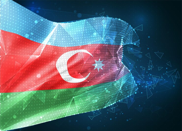 Vector azerbaiyán, bandera de vector, objeto virtual abstracto 3d de polígonos triangulares sobre un fondo azul