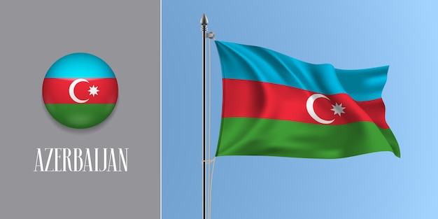 Azerbaiyán ondeando la bandera en el asta de la bandera y la ilustración del icono redondo