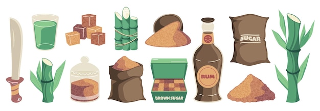 Azúcar de caña marrón de dibujos animados Edulcorante orgánico en bolsa y barril de vidrio Cubos de azúcar crudo granulados para café y té Conjunto aislado vectorial