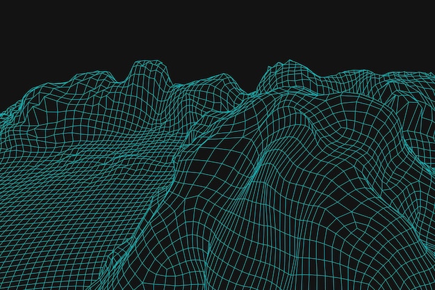 Azul abstracto vector estructura alámbrica paisaje fondo 3D malla futurista montañas 80s Ilustración retro Valles de tecnología ciberespacial