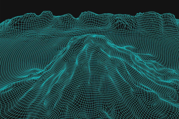 Azul abstracto vector estructura alámbrica paisaje fondo 3D malla futurista montañas 80s Ilustración retro Valles de tecnología ciberespacial