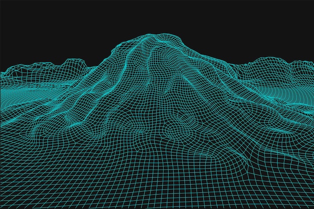 Azul abstracto vector estructura alámbrica paisaje fondo 3D malla futurista montañas 80s Ilustración retro Valles de tecnología ciberespacial