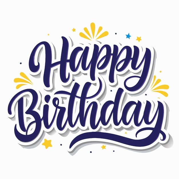 Azul y amarillo "Feliz cumpleaños" texto con una sombra y estrellas