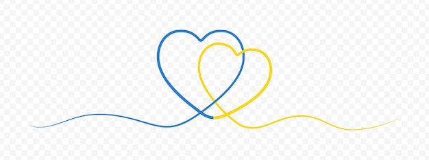 Azul amarillo una línea dibujando dos corazones en los colores de la bandera de ucrania dibujo continuo de una línea de cinta de corazón aislada sobre fondo transparente banner para apoyo de ucrania vector