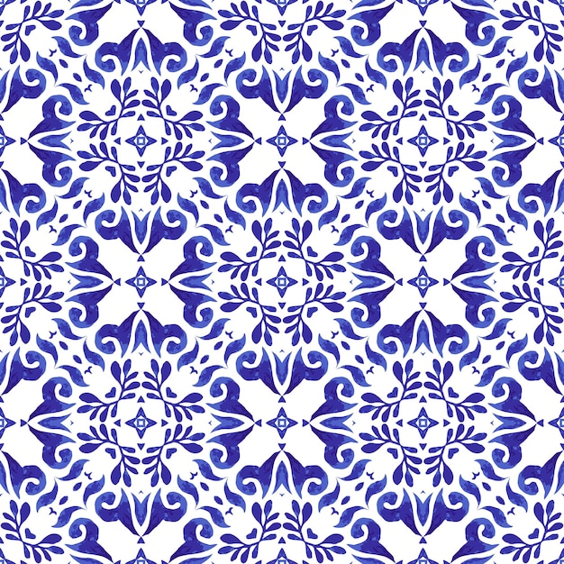 Azul y blanco dibujado a mano acuarela patrón de pintura de acuarela ornamental sin costuras Azulejos de cerámica índigo