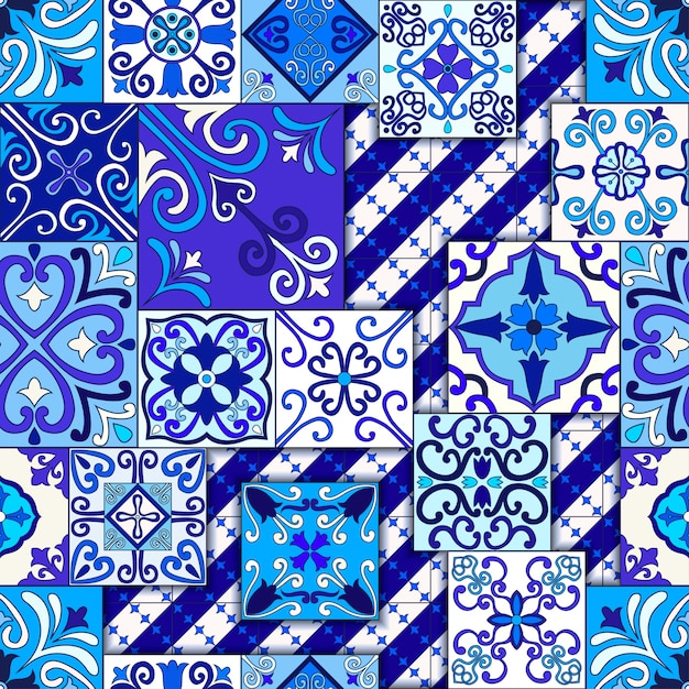 Azul y blanco Marruecos azulejos de patrones sin fisuras.