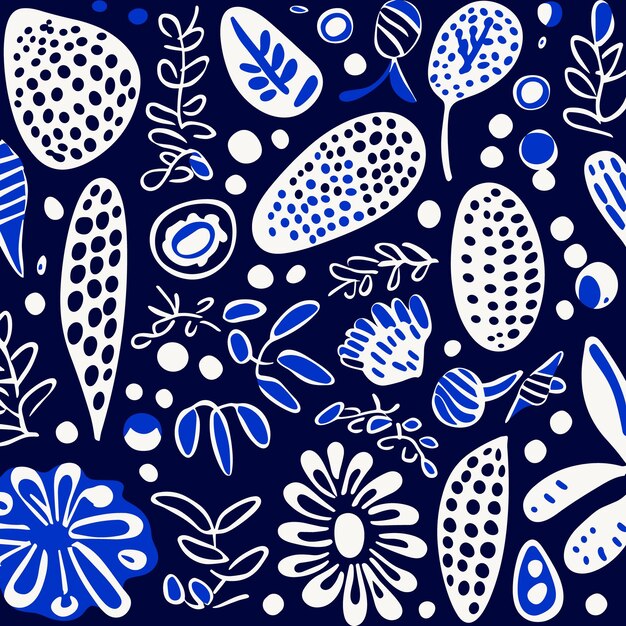 Azul con formas florales blancas tela de patrón flor de cuchara tela personalizada minimalismo abstracto