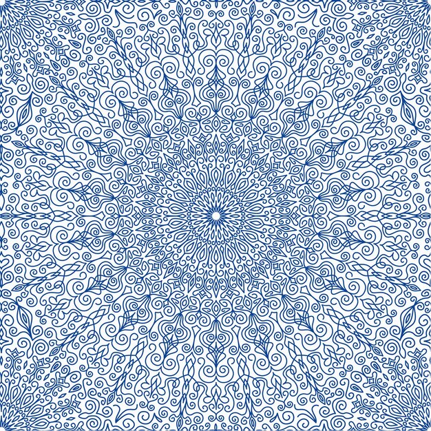 Azul marino Floral Mandala Patrón sin costuras Fondo de tapete de encaje decorativo Adornos redondos índigo Elementos de diseño de mandala vectorial Patrón geométrico en motivos florales Estilo boho con flores índigo