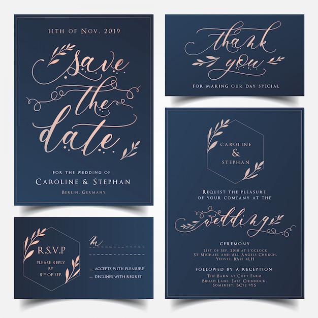 Azul marino y tarjeta de invitación de boda de oro rosa, Ahorre la tarjeta de fecha, Tarjeta de agradecimiento y RS