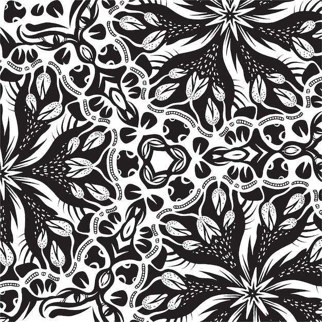 Vector un azulejo cuadrado con elementos florales, dibujo en blanco y negro.