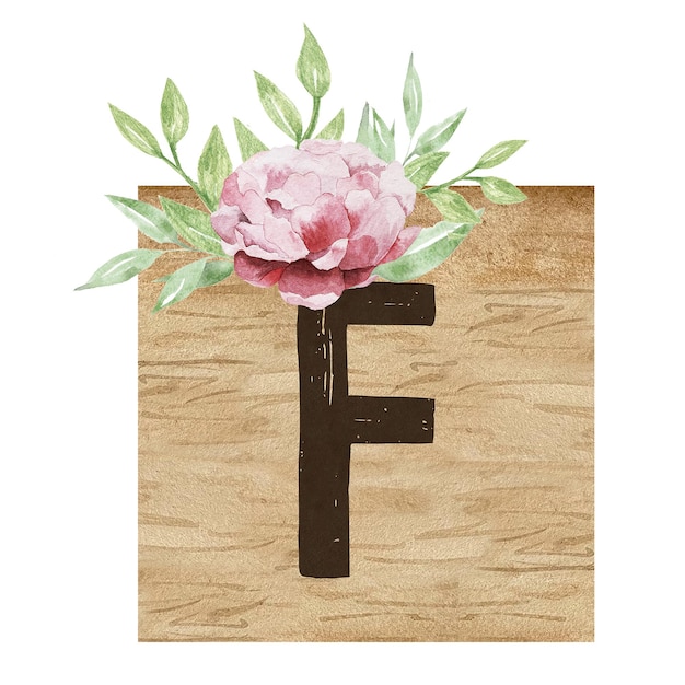 Azulejo de madera acuarela con letra mayúscula f y flores.