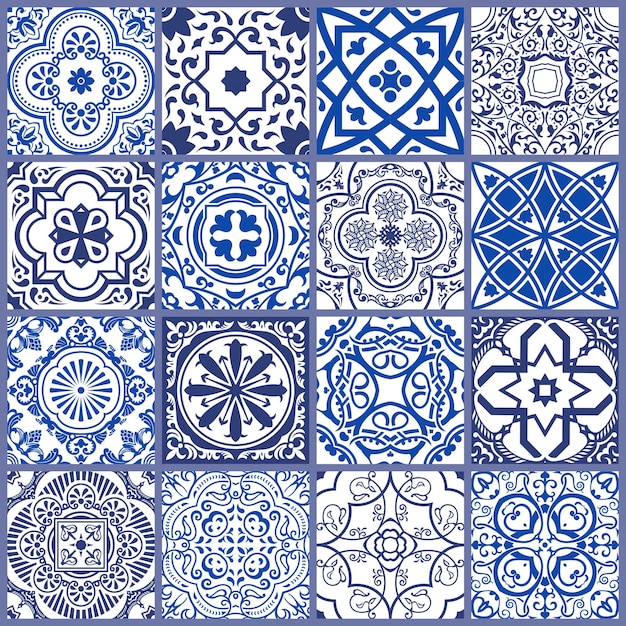 Vector azulejo de mosaico sin fisuras patrón azul escandinavo y marroquí de cerámica