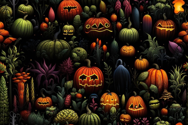 Azulejo de patrones sin fisuras de calabazas inspiradas en Halloween sobre un fondo negro