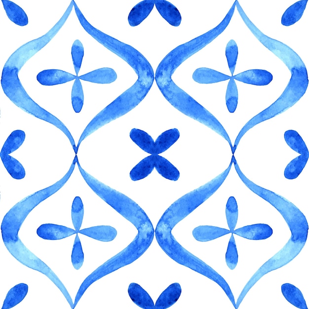 Azulejo portugués azulejo azul y blanco hermoso patrón sin costuras ilustración acuarela pintada a mano