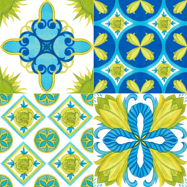 Azulejo de tulipán, patrón sin costuras. Ilustración de acuarela. Estilo mediterráneo.