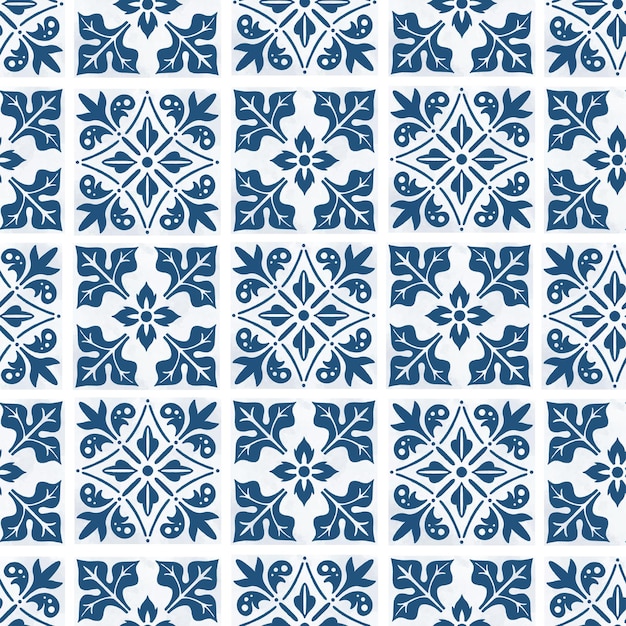 Azulejos azul oscuro mediterráneos con elementos botánicos sin fisuras de fondo