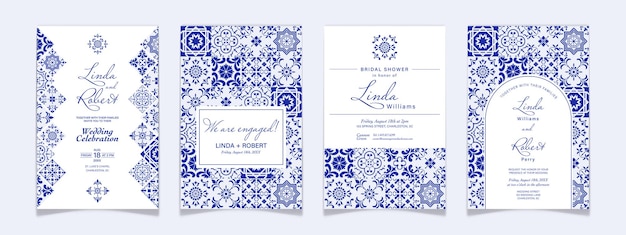 Azulejos azules mediterráneos Invitación de boda Postal de compromiso Ideas de despedida de soltera Vector de fiesta