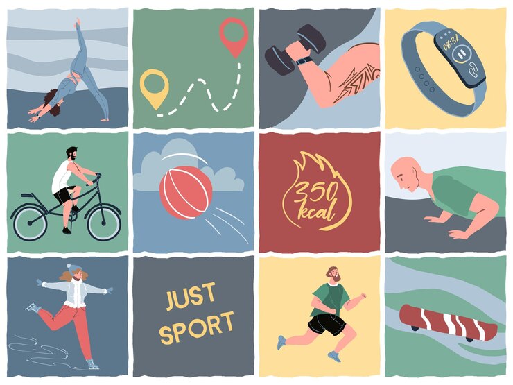 Azulejos cuadrados de dibujos animados planos con escenas de temas deportivos y conjunto de ilustraciones de elementos vectoriales