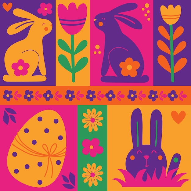 Azulejos de elementos abstractos coloridos de Pascua Patrón moderno estilo geométrico huevos de Pascua flores de conejo