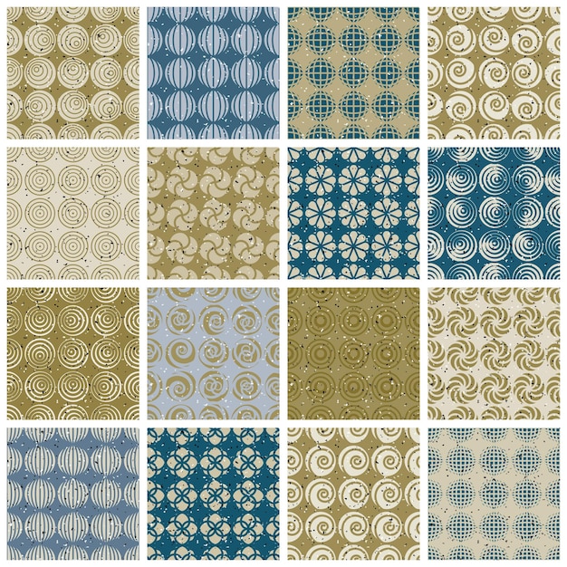 Azulejos de estilo retro con patrones sin costuras, fondos vectoriales, colección de 16 ejemplos.
