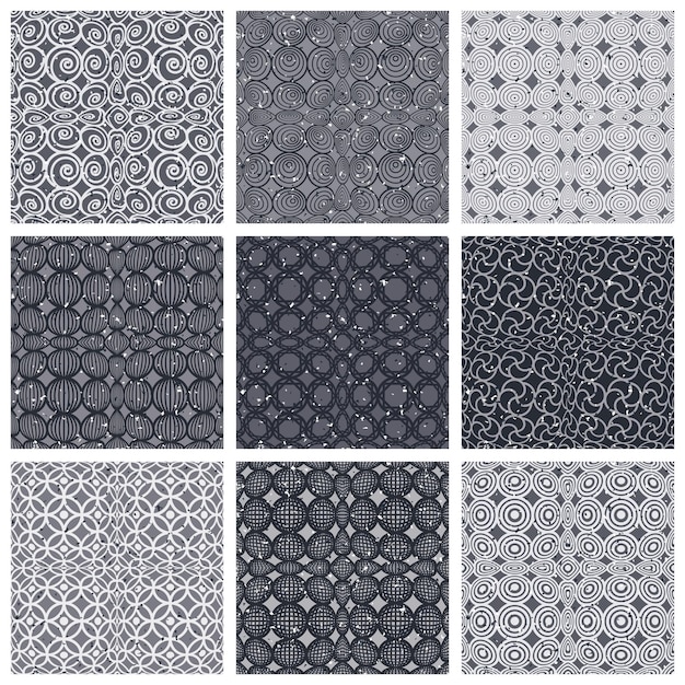 Azulejos de estilo retro con patrones sin costuras, fondos vectoriales monocromáticos.