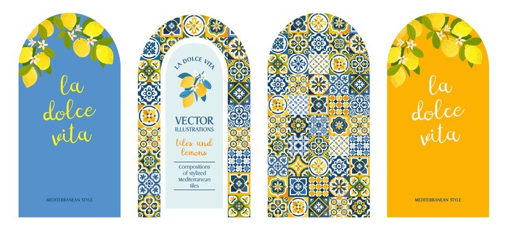 Vector los azulejos del mediterráneo con telón de fondo arqueado