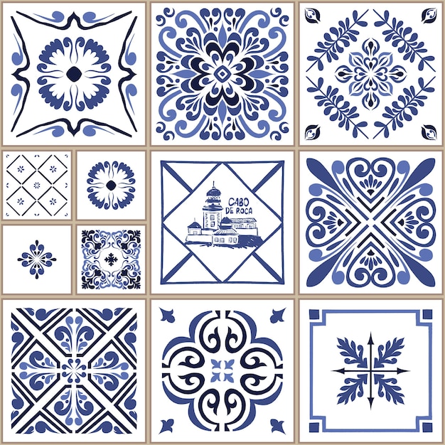 azulejos de mosaico vectorial Portugal diseño tradicional de cerámica geométrica color azul blanco floral