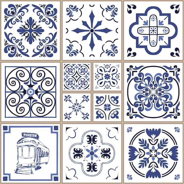 azulejos de mosaico vectorial Portugal diseño tradicional de cerámica geométrica color azul blanco floral