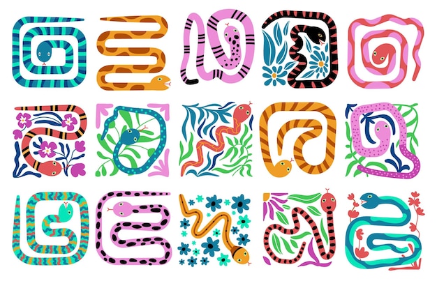 Azulejos de serpientes botánicas abstractas Serpientes naturales y ramas florales Animales de garabato contemporáneos aislados Diseño de reptiles de moda conjunto vectorial de hojas florales y serpientes ilustración de serpiente pitón exótica
