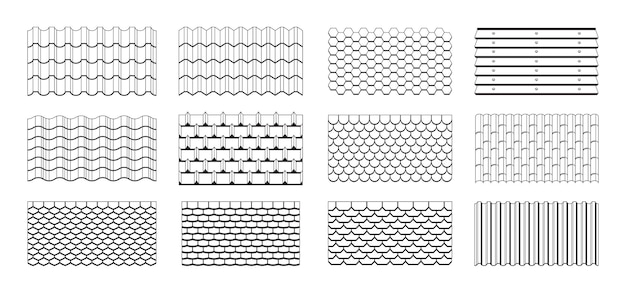 Los azulejos de techo delinean el conjunto vectorial blanco y negro de arcilla, hormigón, metal o pizarra.