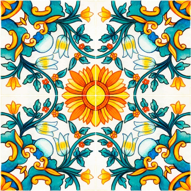 Vector azulejos tradicionales sicilianos mediterráneos de acuarela dibujados a mano