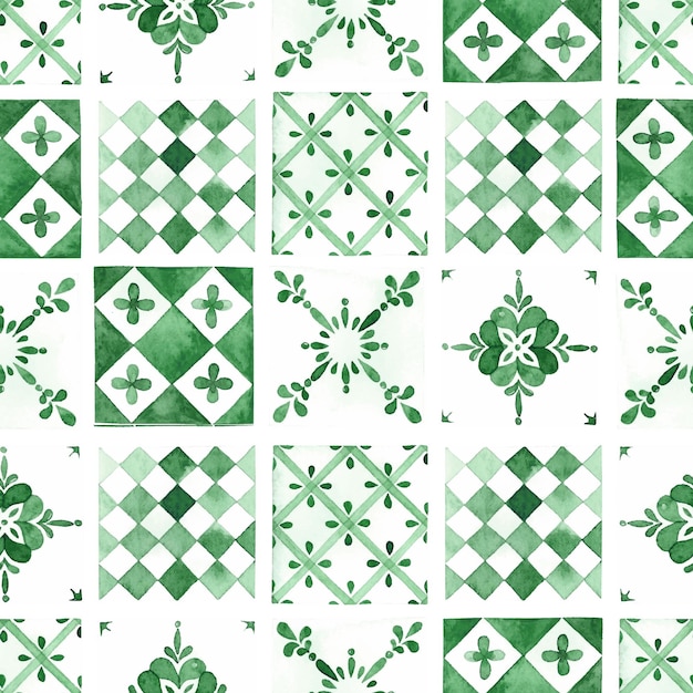 Azulejos tradicionales verdes acuarela de patrones sin fisuras