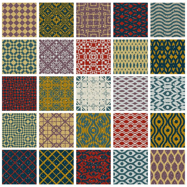 Azulejos vintage con texturas grunge patrones sin fisuras, conjunto de vectores de 25 diseños.