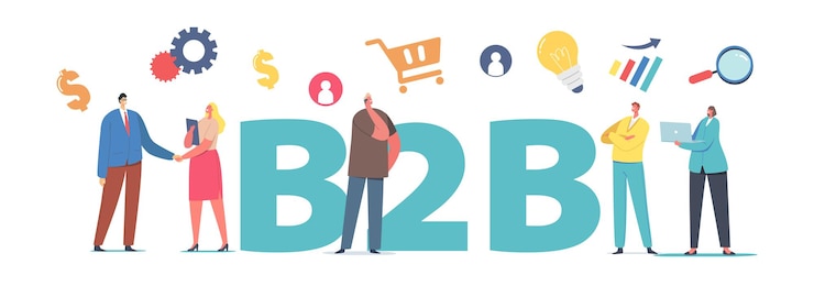 Vector b2b, business to business partnership collaboration concept. personajes de negocios dándose la mano, cooperación de la empresa, cartel de transacción de servicios, pancarta o folleto. ilustración de vector de gente de dibujos animados