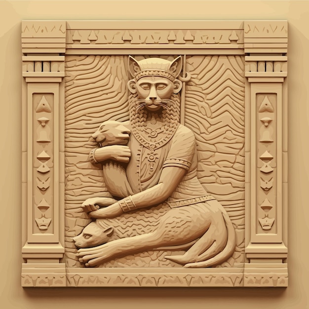 Vector el babilonio la imagen es en el estilo del relieve babilónico un gobernante sumerio con un gato