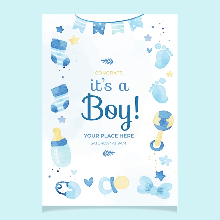 Vector baby boy blue flyer invitation en el estilo de la acuarela