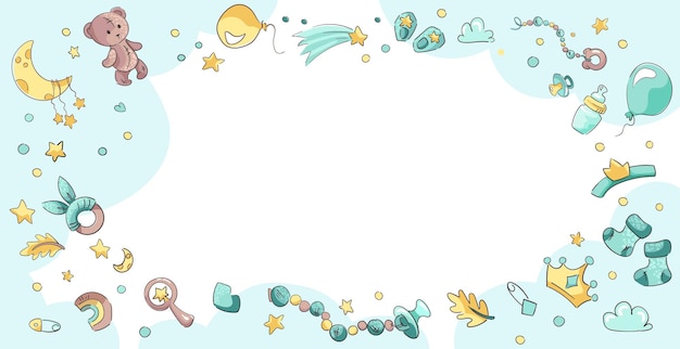 Vector baby boy ducha vector fondo con elementos azules marco con conjunto de objetos oso chupete infantil