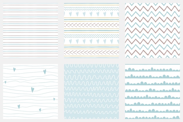 Baby boy shower colección azul Conjunto de patrones sin fisuras dibujados a mano Azul texturas simples fondo tela tela Rayas líneas zig zag trazo gráfico irregular diseño infantil Linda ilustración vectorial