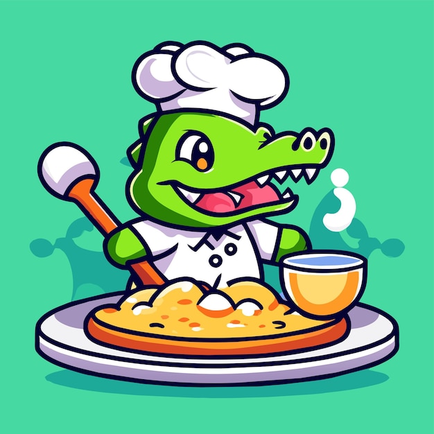 Vector baby chef dragón dinosaurio sombrero de cocina dibujado a mano plano elegante mascota dibujo de personaje de dibujos animados
