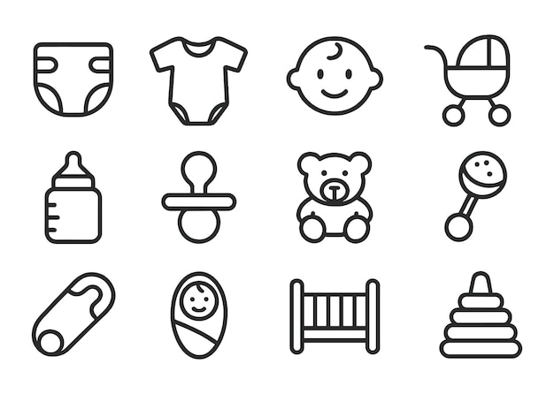 Baby essentials and toys displayed in a simple line art design suitable for a nursery or baby shower theme