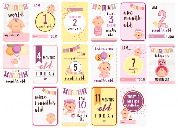 Vector baby girl semanas y meses tarjetas