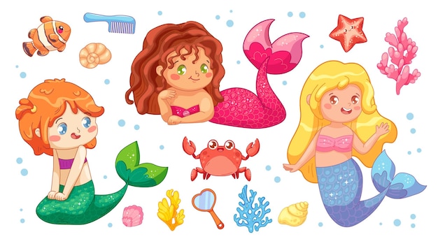 Baby Mermaid Set Sirenas lindas animales marinos conchas de algas cepillo para el cabello y espejo Colección vectorial de elementos de dibujos animados