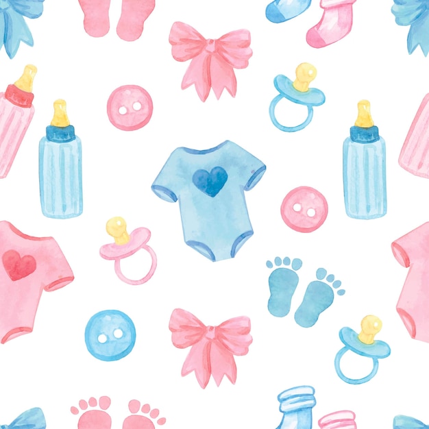 Baby shower acuarela de patrones sin fisuras juguetes y ropa azul y rosa ilustración vectorial