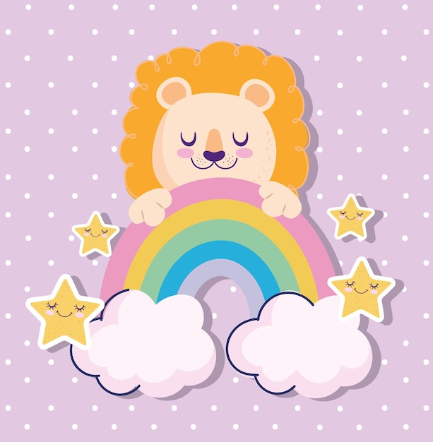 Baby shower adorable león arco iris y estrellas de dibujos animados ilustración vectorial